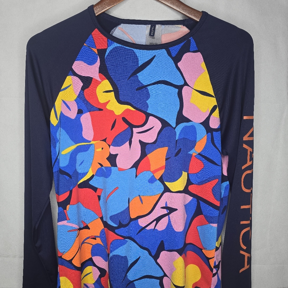Nautica Base Layer Top Navy Blue Tropical Floral Long Sleeve Rash Guard Womens L